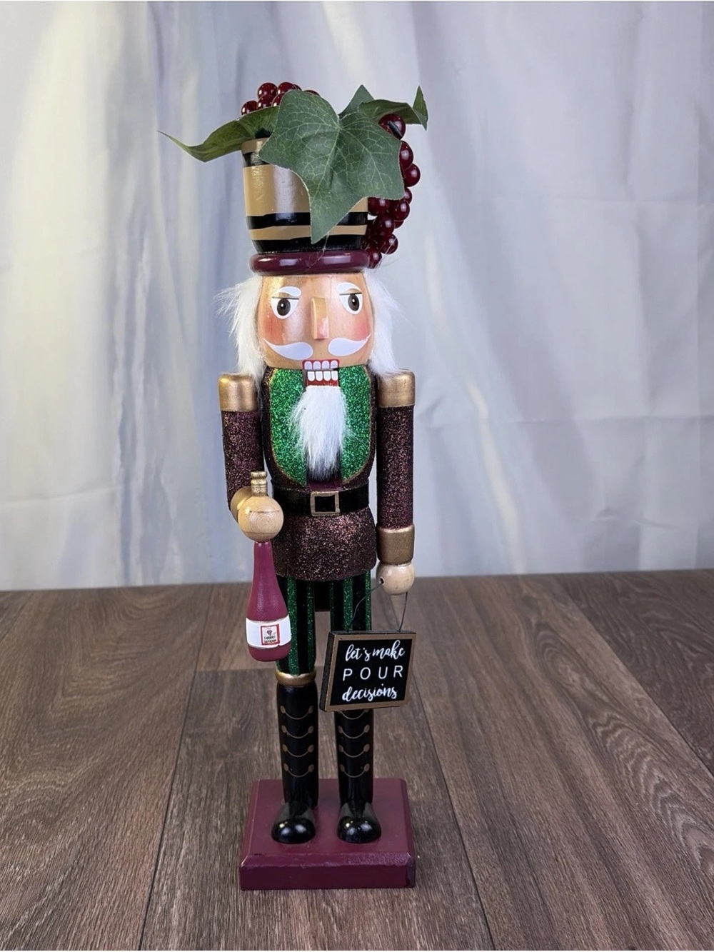Wood Nutcracker 15" Serving Wine "Let's Make Pour Decisions" Holiday Lane Grapes